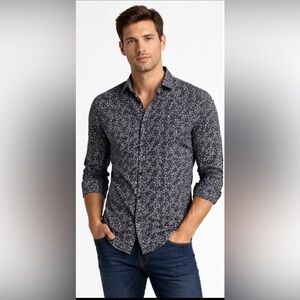 Harlow London Men Dress Shirt Large Black White Floral  Long Sleeve button up